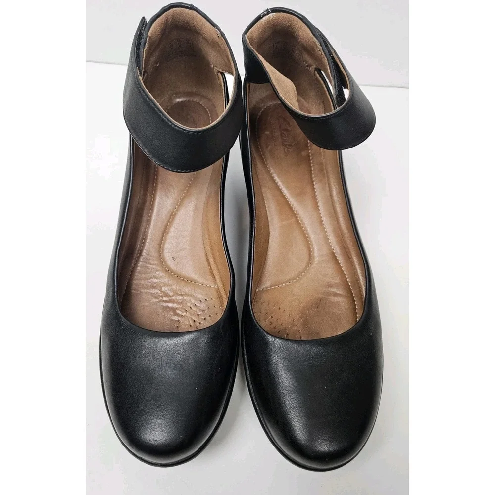Clarks Black Clarene Tide Platform Wedge Shoes 9.5 Pumps Ankle Straps Leather